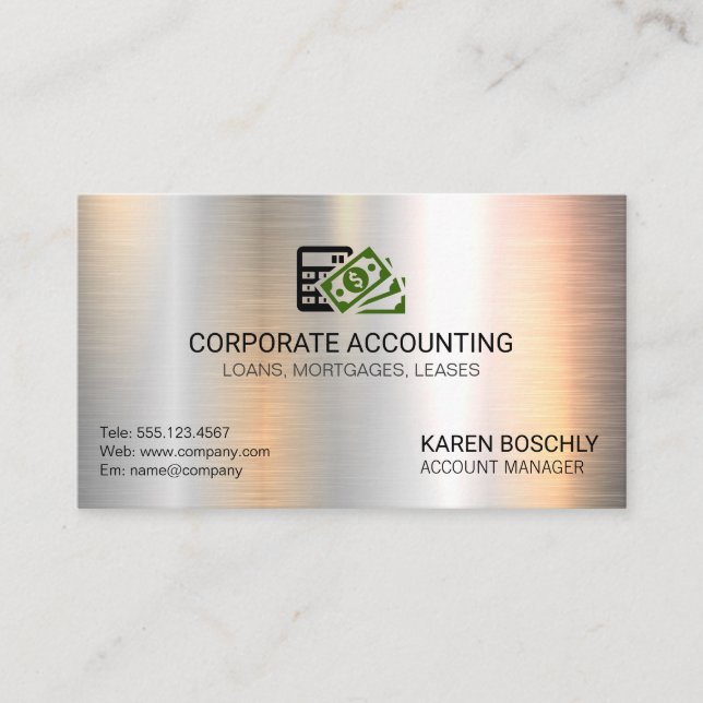 Accounting | Money Icon | Silver Metallic Business Card (Front)