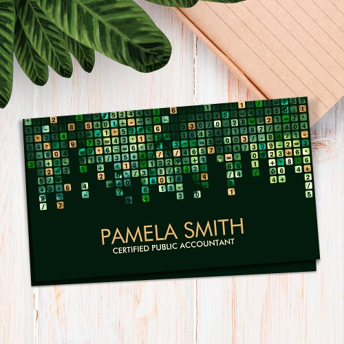 Accounting Services _ Abstract Green Gold Numbers Business Card