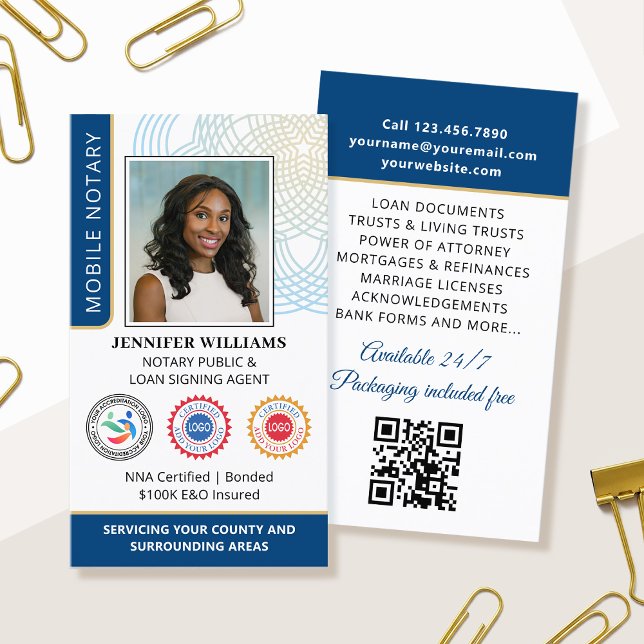 Accreditation Notary Public Photo QR Code Blue Business Card (Creator Uploaded)