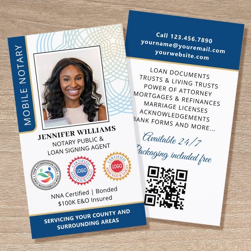 Accreditation Notary Public Photo QR Code Blue Business Card