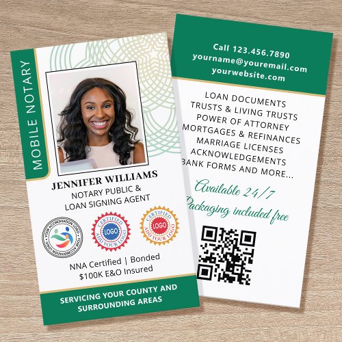 Accreditation Notary Public Photo QR Code Green Business Card