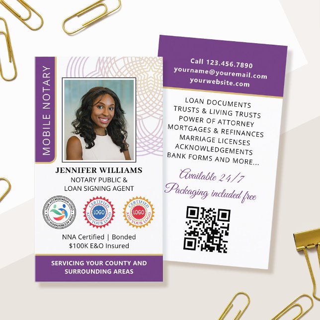 Accreditation Notary Public Photo QR Code Purple Business Card (Creator Uploaded)