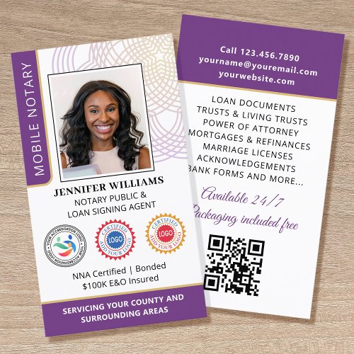 Accreditation Notary Public Photo QR Code Purple Business Card