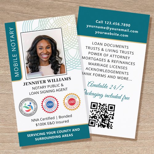 Accreditation Notary Public Photo QR Code Teal Business Card