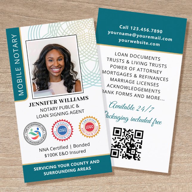 Accreditation Notary Public Photo QR Code Teal Business Card (Creator Uploaded)