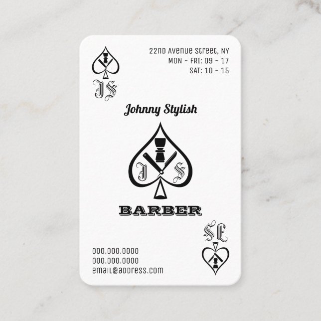 Ace of barbers black and white business card (Front)
