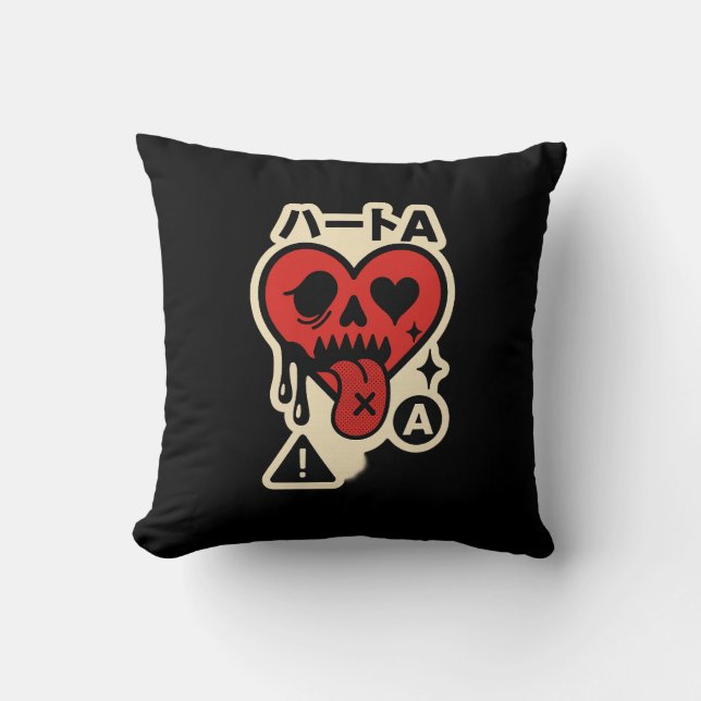 Ace of Hearts — Drip-Heart Katakana (Poker Street) Throw Pillow (Front)