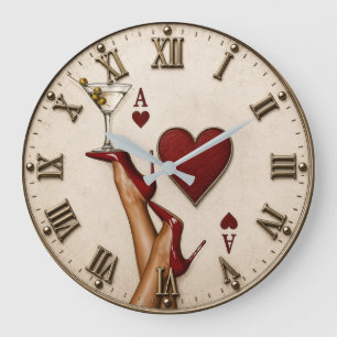 Ace of Hearts Red High Heels Martini Glass Large Clock