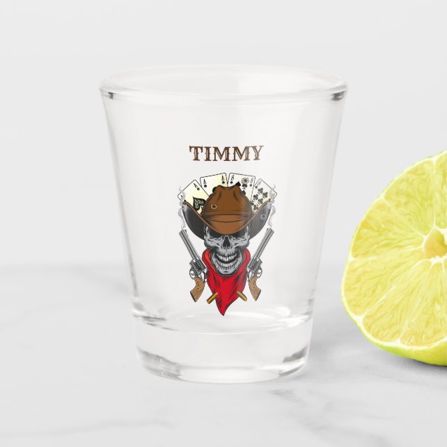 Aces N Eights Dead Man's Cowboy Skull With Name Shot Glass (Front)