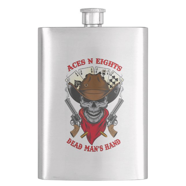 Aces N Eights Dead Man's Hand Cowboy Skull  Flask (Front)