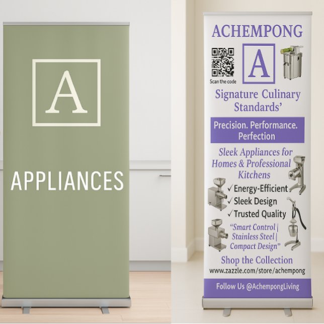 Achempong Culinary Display: QR & Text Monogram  Retractable Banner (Bold “A” meets sleek kitchen gear—perfect QR display for showrooms, expos & in-store branding.)