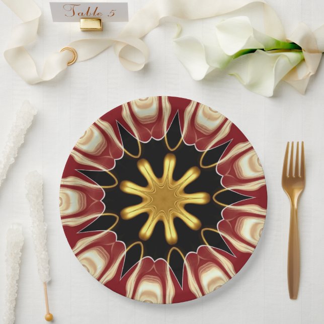 Achempong: Starburst | Deep Crimson & Gold Luxury  Paper Plates (Wedding)