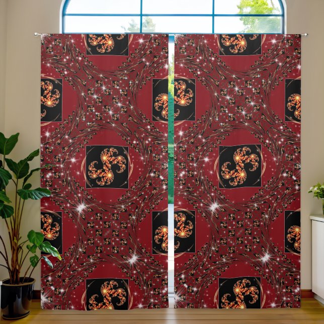 Achempong Zazzle: Dynamic Red & Gold Fractal Black Blackout Curtains (Living Room)