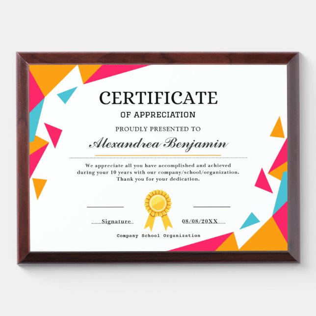 Achievement Appreciate Certificate Award Plaque (Horizontal)