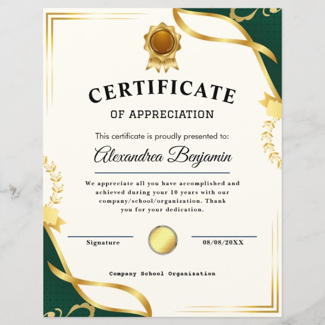 Achievement Appreciate Gold Blue Certificate (Front)