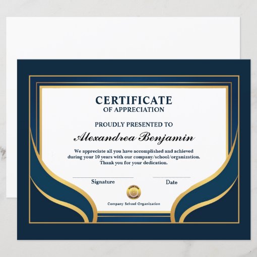 Achievement Appreciate Gold Blue Certificate Zazzle