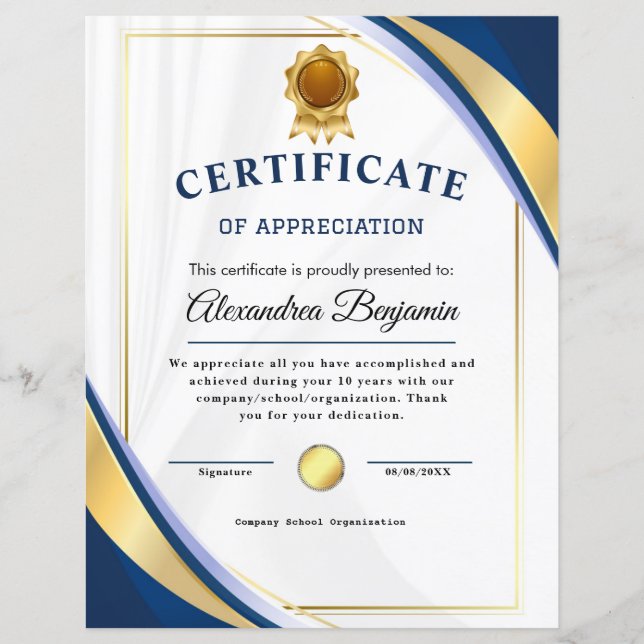 Achievement Appreciate Gold Blue Certificate (Front)