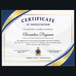 Achievement Appreciate Gold Blue Certificate<br><div class="desc">Celebrate achievements and recognize hard work with this elegant Certificate of Appreciation template. Perfect for schools, businesses, organizations, and special events, this professionally designed certificate adds a touch of prestige and formality. Fully customizable, you can personalize names, dates, and messages to honor outstanding contributions, accomplishments, or milestones. Ideal for employee...</div>