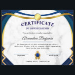 Achievement Appreciate Gold Blue Certificate<br><div class="desc">Celebrate achievements and recognize hard work with this elegant Certificate of Appreciation template. Perfect for schools, businesses, organizations, and special events, this professionally designed certificate adds a touch of prestige and formality. Fully customizable, you can personalize names, dates, and messages to honor outstanding contributions, accomplishments, or milestones. Ideal for employee...</div>