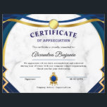 Achievement Appreciate Gold Blue Certificate<br><div class="desc">Celebrate achievements and recognize hard work with this elegant Certificate of Appreciation template. Perfect for schools, businesses, organizations, and special events, this professionally designed certificate adds a touch of prestige and formality. Fully customizable, you can personalize names, dates, and messages to honor outstanding contributions, accomplishments, or milestones. Ideal for employee...</div>