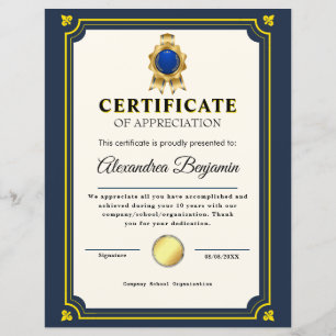 Achievement Appreciate Gold Blue Certificate
