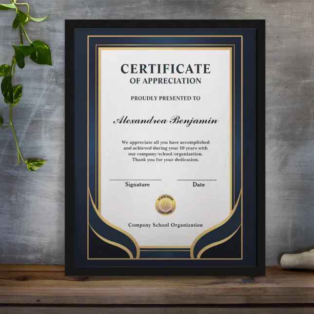 Achievement Appreciate Gold Blue Certificate Zazzle