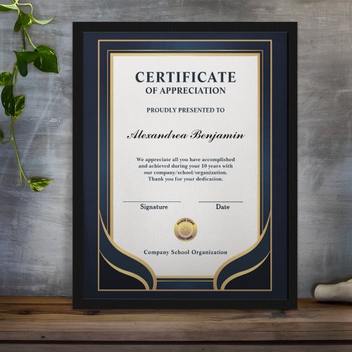 Achievement Appreciate Gold Blue Certificate 