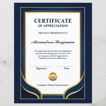 Achievement Appreciate Gold Blue Certificate | Zazzle