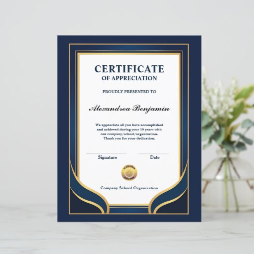 Achievement Appreciate Gold Blue Certificate Zazzle