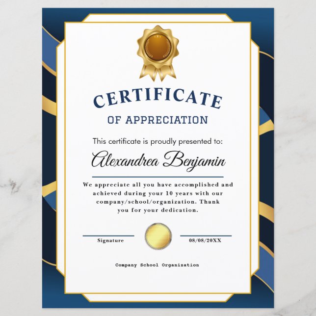 Achievement Appreciate Gold Blue Certificate (Front)