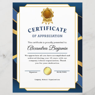 Achievement Appreciate Gold Blue Certificate