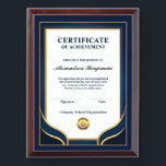 Achievement Appreciate Gold Blue Certificate  Award Plaque<br><div class="desc">This Appreciation Achievement Gold Blue Certificate Custom Award Plaque is great to present to your employees, staff, or students on how much you appreciate their contribution to your company, school or organization. The certificate award plaque is a template that you can replace the information with yours. It can be used...</div>