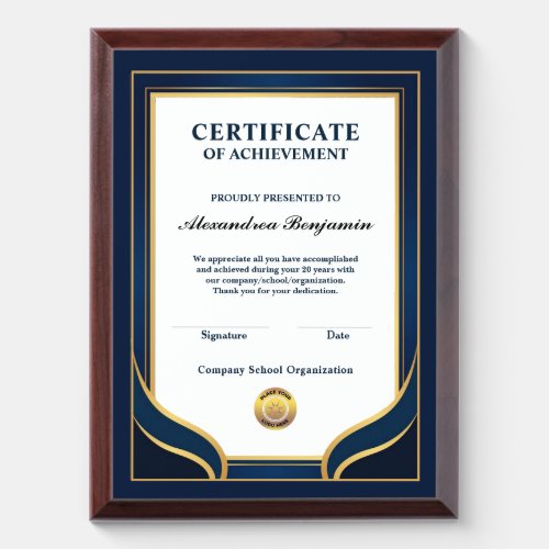 Achievement Appreciate Gold Blue Certificate  Award Plaque