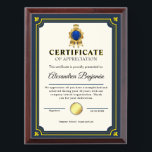 Achievement Appreciate Gold Blue Certificate Award Plaque<br><div class="desc">Celebrate achievements and recognize hard work with this elegant Certificate of Appreciation template. Perfect for schools, businesses, organizations, and special events, this professionally designed certificate adds a touch of prestige and formality. Fully customizable, you can personalize names, dates, and messages to honor outstanding contributions, accomplishments, or milestones. Ideal for employee...</div>