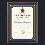 Achievement Appreciate Gold Blue Certificate Award Plaque<br><div class="desc">Celebrate achievements and recognize hard work with this elegant Certificate of Appreciation template. Perfect for schools, businesses, organizations, and special events, this professionally designed certificate adds a touch of prestige and formality. Fully customizable, you can personalize names, dates, and messages to honor outstanding contributions, accomplishments, or milestones. Ideal for employee...</div>