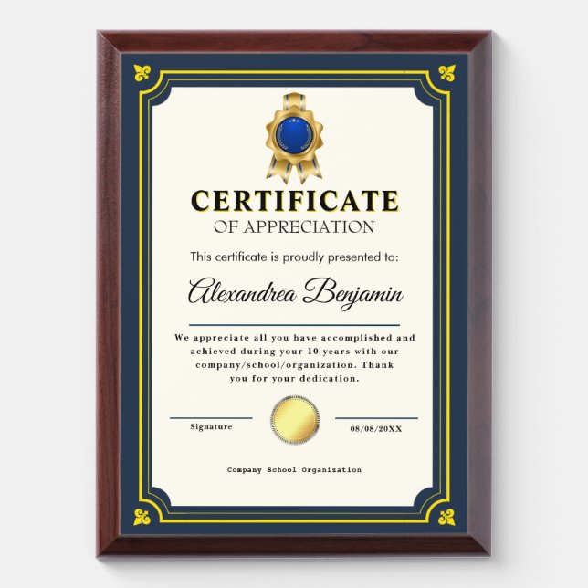 Achievement Appreciate Gold Blue Certificate Award Plaque (Vertical)