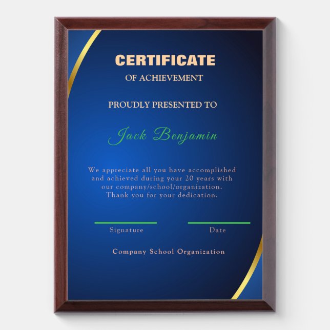 Achievement Appreciate Gold Blue Certificate Award Plaque (Vertical)
