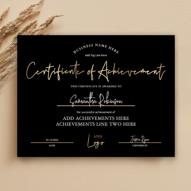 Achievement Award Black Gold Logo Student Diploma (Elegant black and gold Certificate of Achievement with space for your logo)