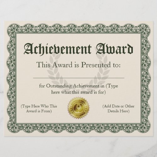 Achievement Award Certificate Customizable