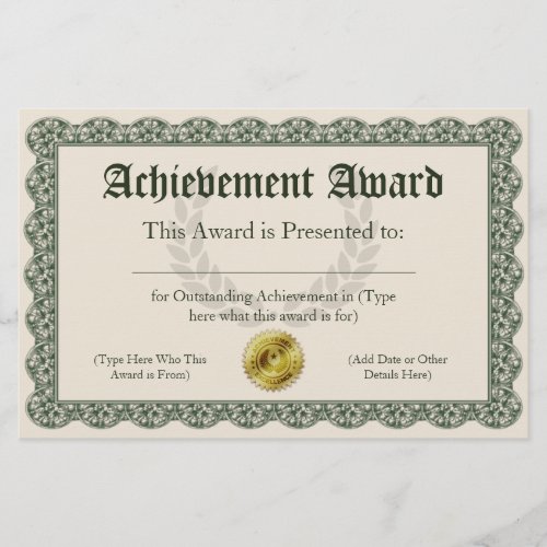 Achievement Award Certificate Customizable