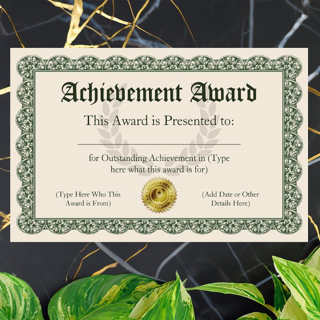 Achievement Award Certificate, Customizable (Customizable Achievement Award Certificate)