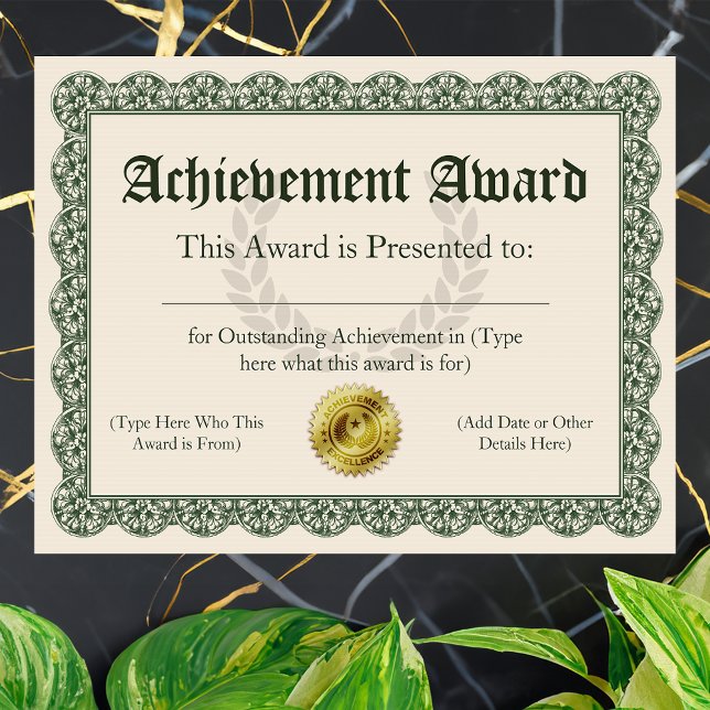 Achievement Award Certificate, Customizable (customizable achievement award)