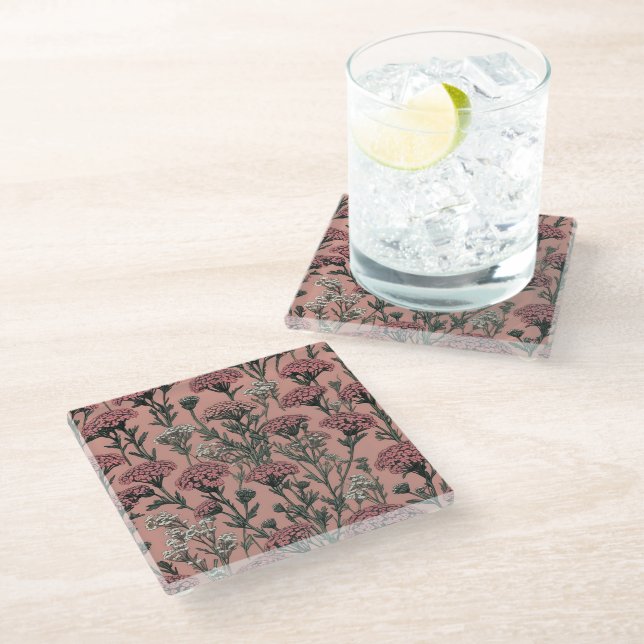 Achillea Desert Eve Deep Rose pattern Glass Coaster (Angled)