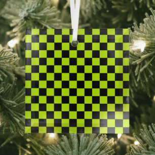 Acid green black checkerboard pattern glass ornament