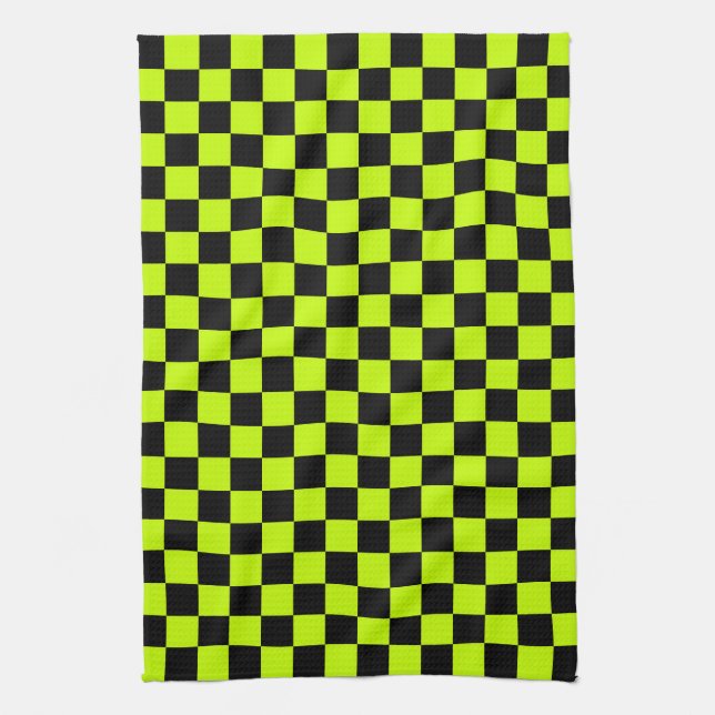 Acid green black checkerboard pattern kitchen towel (Vertical)