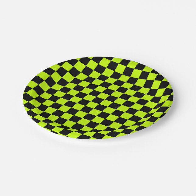 Acid green black checkerboard pattern paper plates (Angled)