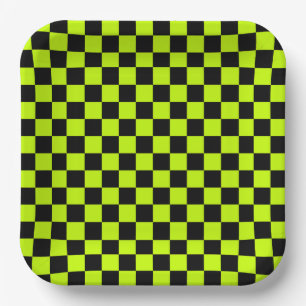 Acid green black checkerboard pattern paper plates