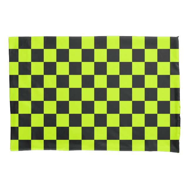 Acid green black checkerboard pattern pillow case (Front-Left)