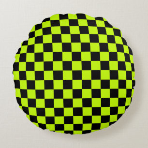 Acid green black checkerboard pattern round pillow