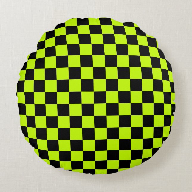 Acid green black checkerboard pattern round pillow (Front)